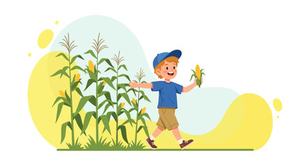 Delighted Child Enjoying Autumn's Harvest in a Cornfield During a Sunny Day