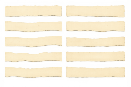 Collection of torn paper strips with ripped edges, blank beige recycled paper texture for notes, labels, price tags