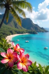 Vibrant Frangipani Blossoms in a Hawaiian Paradise Sun-Drenched Petals Against a Lush Island Landscape