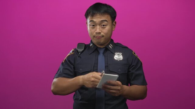 Policeman in navy uniform writing notes with pen on notepad in vibrant pink studio; concentration duty diligence.