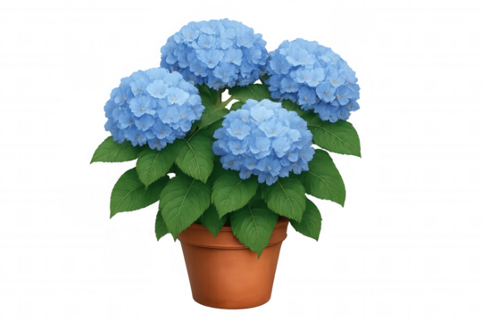 Blue hydrangea plant blooming in a terracotta pot with fresh green leaves, transparent background