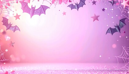 Whimsical pastel pink Halloween background with glitter bats and kawaii stars