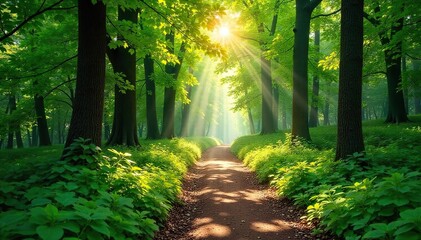 Sun-Dappled Forest Path A Magical Summer Escape Through Lush Green Foliage