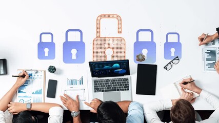 A vibrant office scene showcasing professionals analyzing data with secured digital locks symbolizing strong cybersecurity measures that protect sensitive information. Raster - Powered by Adobe