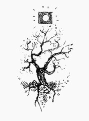 Mystical charcoal sketch of a gnarled, bare tree and roots with a symbolic glowing sun/portal. Dark, hand-drawn, isolated vector art