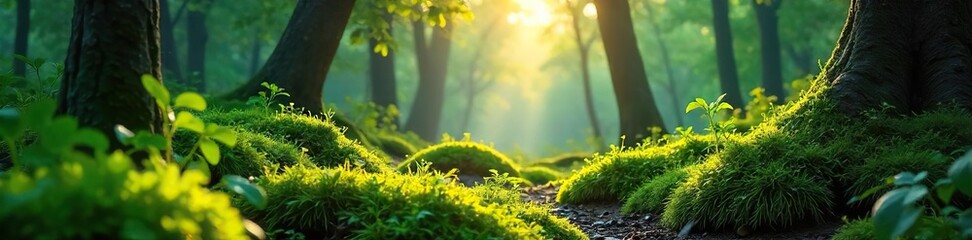 Sun-Dappled Forest Floor Tranquil Mossy Scene, Lush Green Canopy, Perfect for Nature, Travel, and Environmental Projects