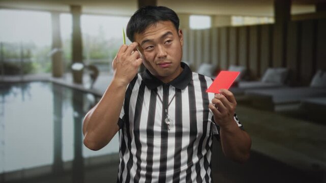Young chinese referee holds yellow card and red card beside indoor pool inside building; contemplation.