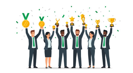 Diverse Team Celebrates Victories with Awards and Medals Achieving Great Success
