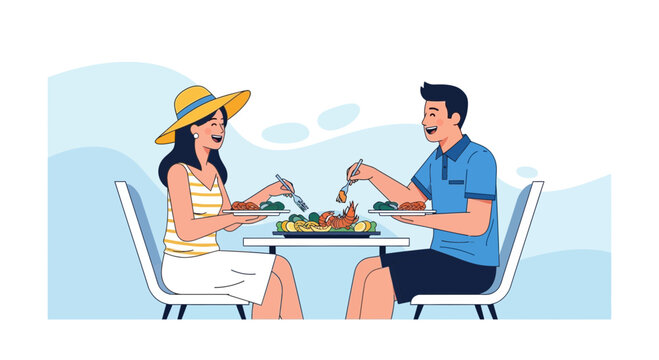 Delightful Couple Enjoying Gourmet Meal At Table in a Sunny Setting, Perfect Happiness