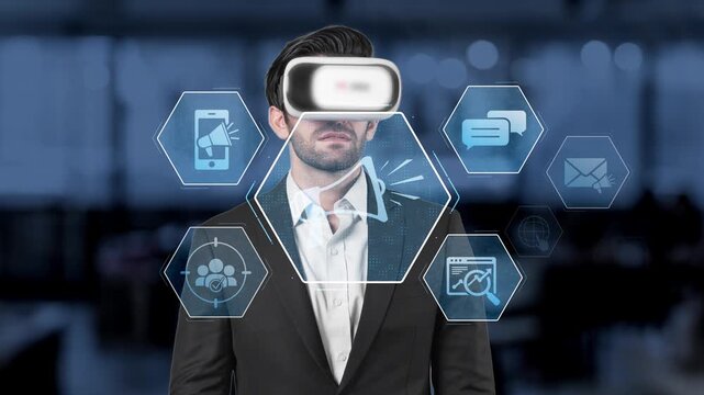 A young businessman in a suit engages with a virtual reality headset in a modern office, exploring digital icons that showcase technology and communication. Raster - Powered by Adobe