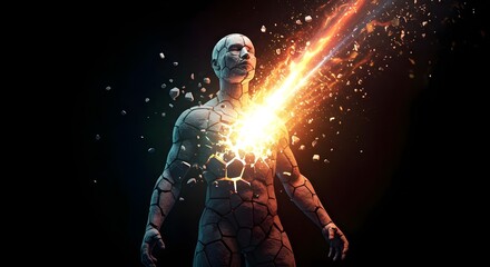 Hopeful creative rebirth dramatic shards fly as inner light explodes from a fractured figure in deep contrast
