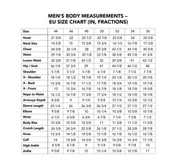 Men body measurement EU chart showing sizes in inches fractions for chest, waist, hips, shoulder, sleeve. Sewing tailoring clothing design reference, international size guide for male proportions