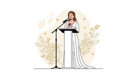 Elegant Speaker Delivering A Speech At A Podium Adorned With Floral Embellishments