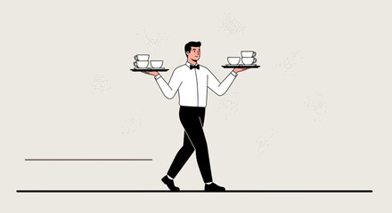 Elegant Waiter Balancing Beverages on Trays in a Minimalist Restaurant Setting