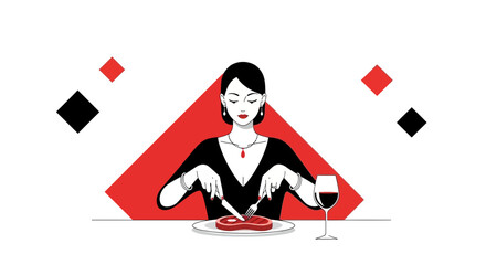 Elegant woman enjoying a gourmet dinner of steak and wine in minimalistic style illustration