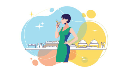 Elegant Woman Enjoying Cocktail Near Buffet Display During A Graceful Exclusive Gathering
