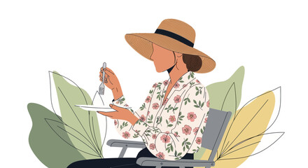 Elegant Woman Enjoying Delicacy Amongst Botanical Elements On A Sunny Day