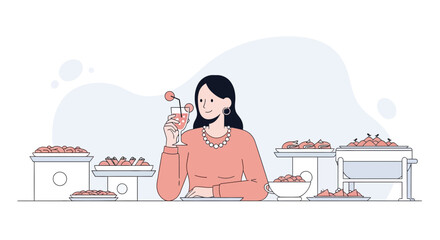 Elegant Woman Enjoying Drink at Buffet, Surrounded by Tempting Culinary Delights