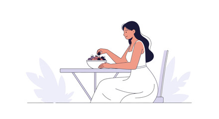 Elegant Woman Enjoying Fresh Berries at a Table in a Minimalist Illustration