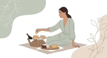Elegant Woman Enjoying Picnic Delights, A Peaceful Moment with Cheese and Wine