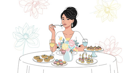 Elegant Woman Enjoying Gourmet Feast, Surrounded by Flowers and Appetizing Delights
