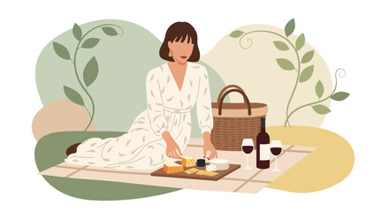 Elegant Woman Enjoys a Delightful Picnic with Wine and Cheese in Nature Elements