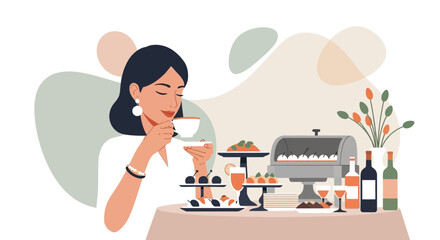 Elegant Woman Enjoying Tea and Buffet in a Restaurant or Hotel Setting