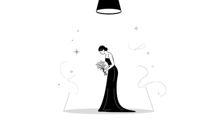 Elegant Woman Holding Blossoms Under Spotlight, A Minimalist Concept And Illustration
