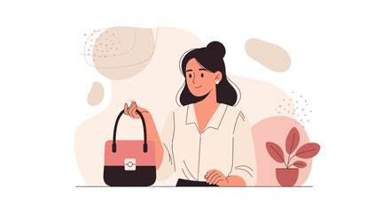 Elegant Woman Holding Handbag Beside A Plant, Minimalist Style Illustration