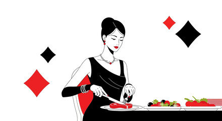 Elegant Woman in Black Dress Enjoying Dinner with Stylized Playing Card Elements