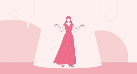 Elegant woman in a pink dress, minimalist illustration, under the spotlight