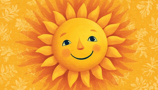 A cheerful sun with a smiling face, radiating warmth and happiness, surrounded by vibrant yellow tones and floral accents.