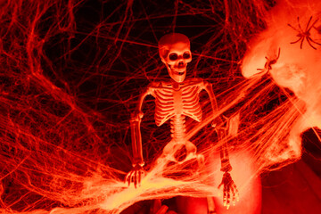 Obraz premium Spider Web for Halloween.Halloween decor. Scary skeleton in the web for Halloween.Spooky Halloween wallpaper. 