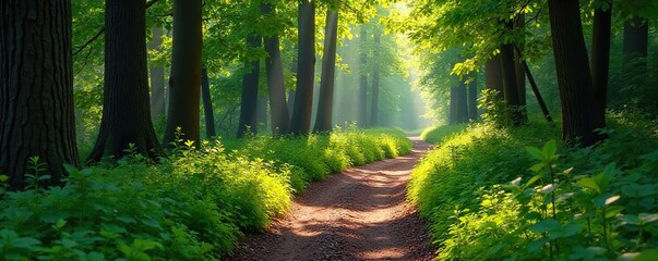 Tranquil Woodland Hiking Trail Sunlight Dappled Path Inviting Adventure and Relaxation