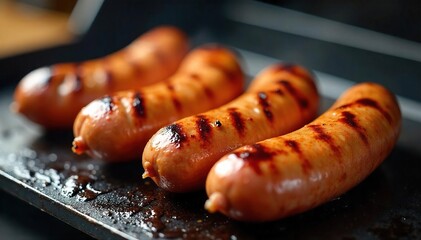 Sizzling Grilled Sausages Ready for Serving Juicy Pork Links on a Hot Griddle at an Outdoor Catering Event