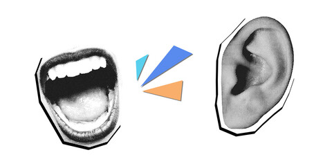 Pop art illustration of screaming mouth and listening ear retro halftone style. Modern collage style. Illustration on transparent background.