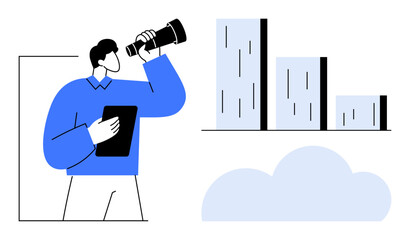 Man holding telescope and tablet, analyzing bar graphs beside a cloud. Ideal for growth, analytics, forecasting, strategy, innovation, vision and technology themes. Simple flat metaphor