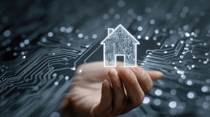 Hand holding house icon against circuit board background representing smart home technology