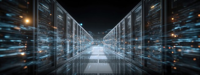 Tech data server room with glowing data streams and network connections