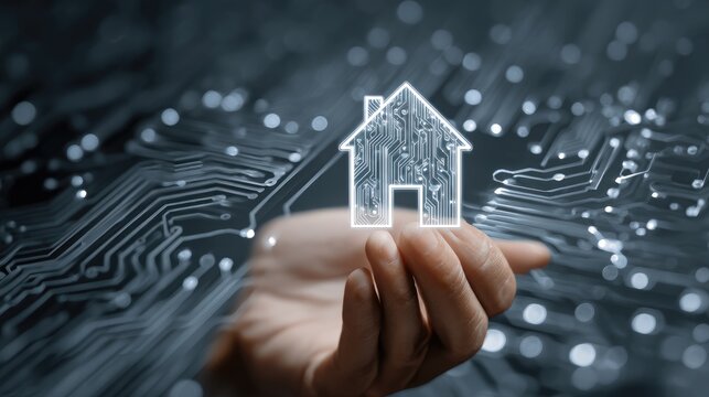 Hand holding house icon against circuit board background representing smart home technology