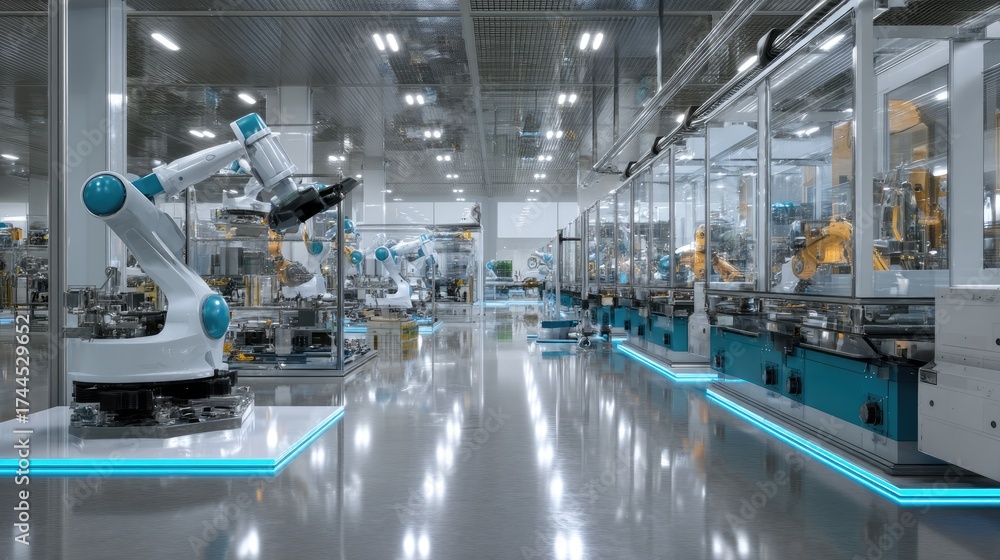 Wall mural robotics assembly line in a tech innovation hub with ai-driven production