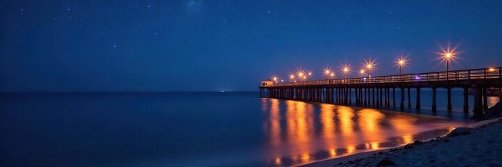 Serene Night on a Lighted Pier Starry Sky Reflections on Calm Ocean Waters, Perfect for Travel and Vacation Imagery