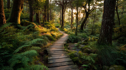 Fototapeta premium Wooden path through a lush green forest, soft golden light. Horizontal composition. Panorama