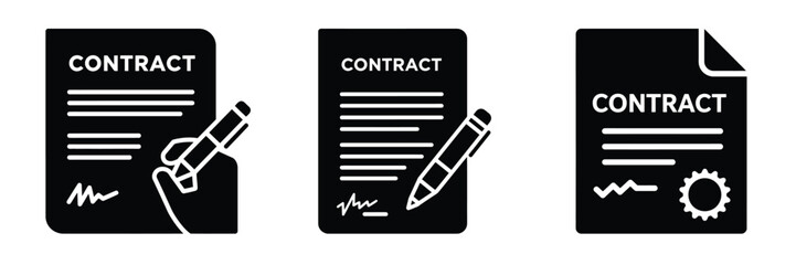 Contract signing silhouette business vector icon set.
