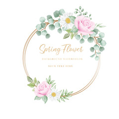 Watercolor flowers rose wreath with golden circle