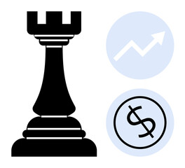 Chess rook symbolizing strategy next to upward trend arrow and dollar sign denoting growth and financial planning. Ideal for strategy, business success, leadership, growth, investment, innovation