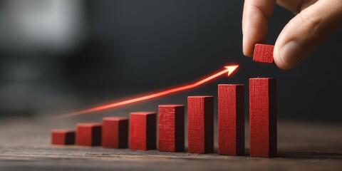 A hand adjusts a small red block on a wooden chart, symbolizing growth and progress in business or financial sectors.