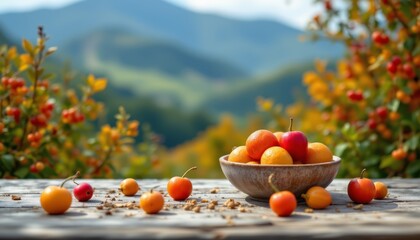 Crabapples in Bowl with Mountain View