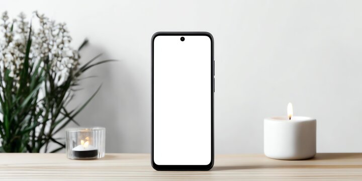 A modern smartphone displayed on a minimalist wooden table beside candles and plants, perfect for lifestyle and technology themes.