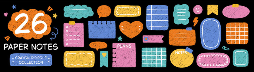 Crayon memo text boxes and pencil stickers for planners. Frames doodle set, note frames in sketch style. Grunge textured hand drawn illustrations isolated on black background.